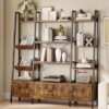 kepptory Triple Wide Ladder Bookshelf with Storage Cabinets (Brown)