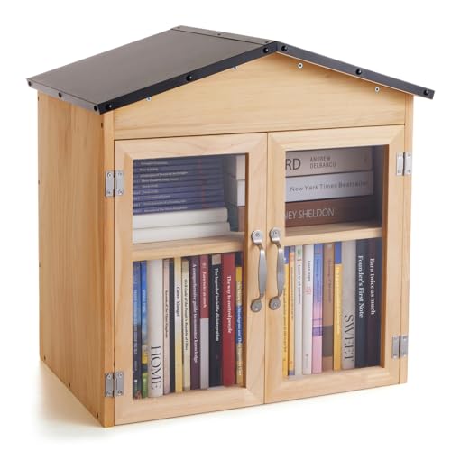 KERUYUNLA 2-Tier Indoor/Outdoor Little Library Book Exchange Box - Durable Weatherproof Solid Wood Cabinet with Adjustable Shelves & Rust-Proof Hardware for Community, Schools & Neighborhood Sharing