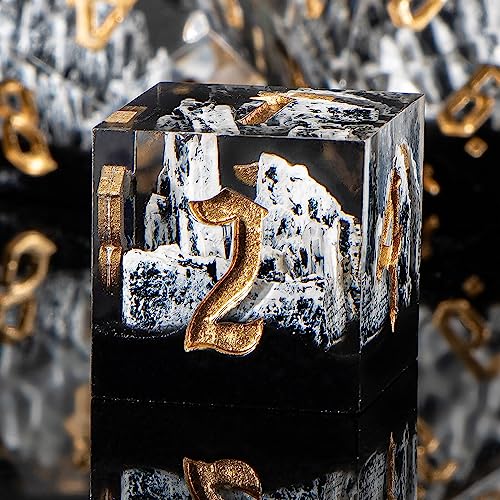 KERWELLSI DND Dice Set D&D, 7pcs Sharp Edge Resin D and D Dice with Gift Box, Nature Snow Mountain Dungeon Dragon Role Playing Dice D20 D12 D10 D8 D6 D4