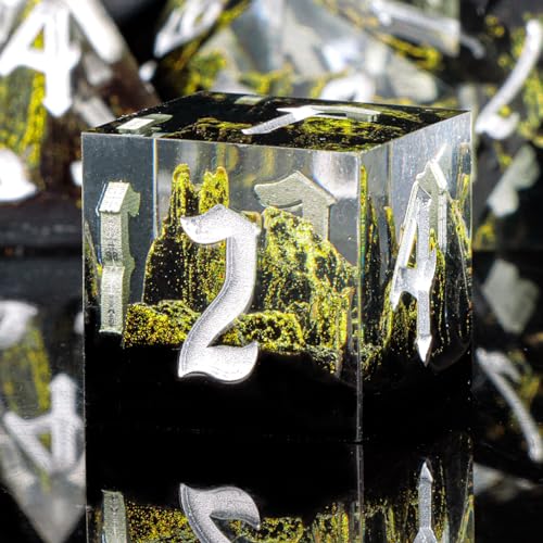 KERWELLSI DND Dice Set D&D, 7pcs Sharp Edge Resin D and D Dice with Gift Box, Nature Mountain Dungeon Dragon Role Playing Dice D20 D12 D10 D8 D6 D4
