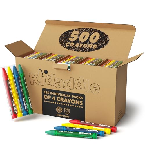 Kidaddle Crayons Bulk Pack, Regular Size, 4 Colors, 125 Packs, Color Crayon Packs for School, Teachers & Classroom Supplies, Restaurant Crayons, 500 Count