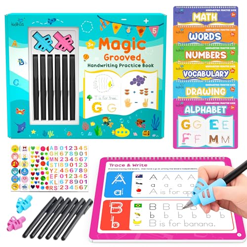 Kiditos Magic Grooved Writing Books for Kids 3-5, Tracing Books for Kids Ages 3-5, Reusable Letter Tracing & Handwriting Practice Workbook with Disappearing Ink, 6 Books