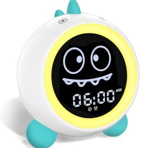 Kids Alarm Clock, Toddler Sleep Training Clock with Sound Machine, Night Lights, Ok to Wake Dinosaur Clock, Gift Ideas for Kids Child (Green)