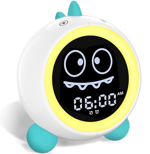 Kids Alarm Clock, Toddler Sleep Training Clock with Sound Machine, Night Lights, Ok to Wake Dinosaur Clock, Gift Ideas for Kids Child (Green)