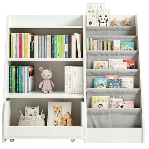 Kids Bookshelf and Toy Storage, 4 Tier Toddler Book Shelf with Movable Drawer, Baby Bookshelf for Nursery, Kids Toy Storage Organizer, Book Organizer for Kids Room, Bookcase for Classroom and Playroom