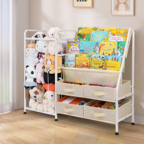 Kids Bookshelf and Toy Storage Organizer, 3-Tier Front Facing Book Display with Stuffed Animal Organizer & 4 Removable Storage Bins, Montessori Kids Book Shelf for Toddler Bedroom, Nursery, Playroom