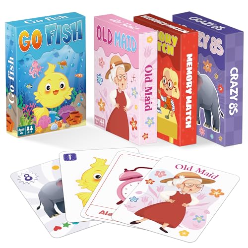 Kids Card Games, Go Fish, Old Maid, Memory Match and Crazy 8s, Go Fish Card Game for Kids 4-8, Fun Toddler Card Games for Family Game Night Party Games, Easter Basket Stocking Stuffers Birthday Gifts