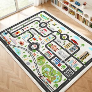 Kids Car Rug Play Mat 5'x7', Non Slip Town City Road Map Playmat Train Track Rug for Children Toddler, Washable Carpet for Boy Playroom Bedroom Nursery - Beige