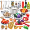 Kidsciety Pretend Play Kitchen Accessories, 52pc Kids Kitchen Playset with Play Food, Stainless Steel Cookware, Kitchen Toys Pots and Pans, Kids Kitchen Set with Cuttable Toy Food, Boys Girls Gift