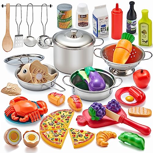 Kidsciety Pretend Play Kitchen Accessories, 52pc Kids Kitchen Playset with Play Food, Stainless Steel Cookware, Kitchen Toys Pots and Pans, Kids Kitchen Set with Cuttable Toy Food, Boys Girls Gift