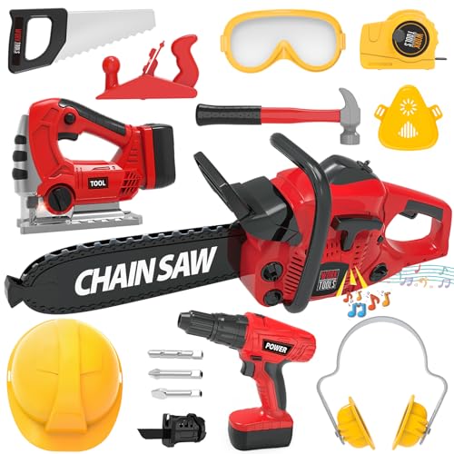 Kids Construction Tool Set for Halloween Toddler Boys Girls 3+ Ages,Red Preschool Pretend Play Tool,Toddler Toys with Electric Toy Chainsaw, Drill Toy,Toy Tools Christmas for Kids