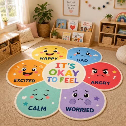 Kids Emotions Classroom Rug, Fun Shaped Feelings Chart Floor Mat, How are You Feeling Today Rug, Preschool Social Emotional Learning Carpet for Circle Time, Daycare, Kindergarten (Flower #2)