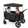 Kids Foldable Wagon Stroller for 2 Kids, Deep Seat 2 Seater Stroller Wagon with Canopy and 5-Point Harness, Push Pull Collapsible Wagon Cart for Beach, Camping, Park and Family Outings