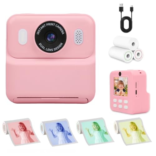 Kids Instant Print Camera,32GB Card, Dual Lens 1080P HD Video Camera for Boys Girls, Thermal Print Toy Camera, 16X Zoom, 2.4" IPS Screen, Puzzle Games, Christmas Birthday Gift for Kids 3-12 (Pink)