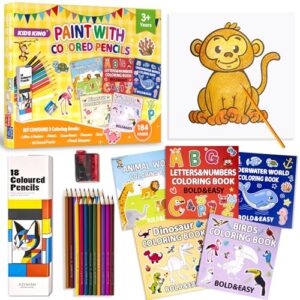 KIDS KING Coloring Book Kit, 5 Themes: Letters & Numbers | Animals | Ocean | Dinosaurs | Birds, Contains Colored Pencils Cute Styles for Painting, Arts & Crafts for Adults and Teens