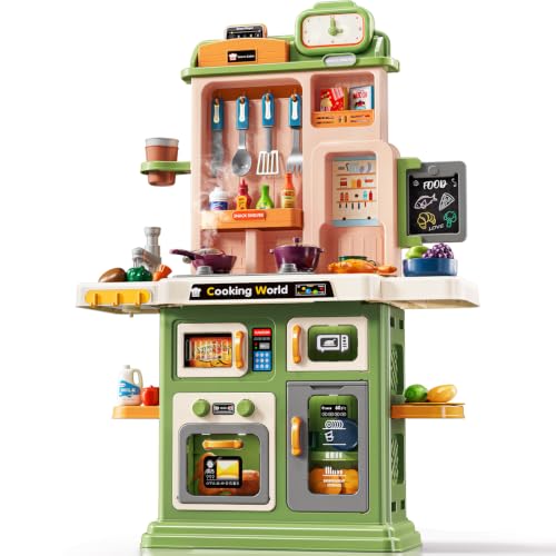 Kids Kitchen Playset, 31.5" 73PCS Play Kitchen for Toddlers 1-3, with Steam, Sound & Light, Cooking Stove, Play Sink, Oven, Play Food and Toy Kitchen Accessories, Pretend Play Toys for Girls Gift