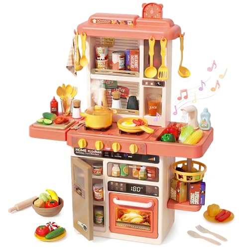 Kids Kitchen Play Set,Interactive Kids Kitchen Play Set with 50Pcs of Pretend Kitchen Toys,Realistic Sound Effects,and Simulated Functionality - Suitable for Toddlers Aged 3-5 Years(Pink)
