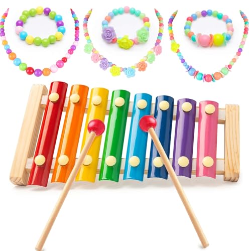 Kids Musical & Dress-Up Gift Set, Toddler Xylophone with Safe Mallets and 3 Princess Necklace Bracelet Sets for Girls Educational Play and Party Favors