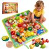 Kids Play Food Set with Picnic Blanket, Cutting Toy with Word Pad for Toddler Preschool Learning, Play Kitchen Accessories, Educational Toy Food, Color Sorting Set for Boys Girls Gift(Fruit)