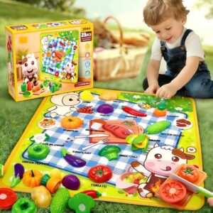 Kids Play Food Set with Picnic Blanket, Cutting Toy with Word Pad for Toddler Preschool Learning, Play Kitchen Accessories, Educational Toy Food, Color Sorting Set for Boys Girls Gift(Vegetable)