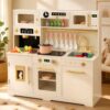 Kids Play Kitchen, Large Wooden Toy Kitchen Set with 41Pcs Food & Cookware