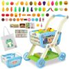 Kids Shopping Cart - 2 in 1 Toy Shopping Cart with Play Food Fruit Vegetable Dessert and Shop Accessories, 72pcs Pretend Play Grocery Store Toy Kitchen Game Trolley Play Set for Kids