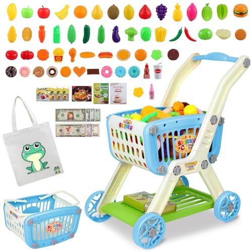 Kids Shopping Cart - 2 in 1 Toy Shopping Cart with Play Food Fruit Vegetable Dessert and Shop Accessories, 72pcs Pretend Play Grocery Store Toy Kitchen Game Trolley Play Set for Kids