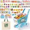Kids Shopping Cart Toy with Play Food, Kitchen Accessories, Shopping Bag, Purse and Play Money, 117pcs Pretend Shopping Cart for Toddler Role Play Grocery Store Game Gift for Kids (Blue)