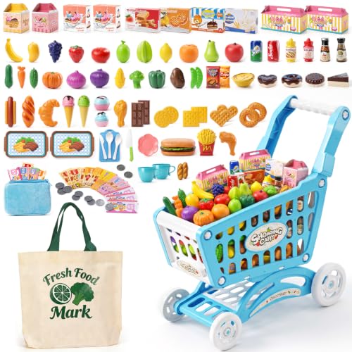 Kids Shopping Cart Toy with Play Food, Kitchen Accessories, Shopping Bag, Purse and Play Money, 117pcs Pretend Shopping Cart for Toddler Role Play Grocery Store Game Gift for Kids (Blue)