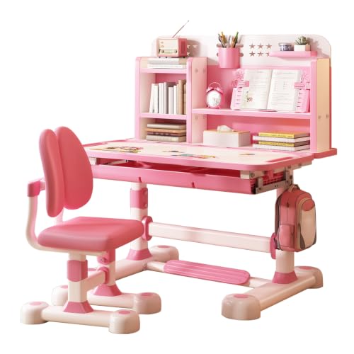 Kids Study Desk and Chair Set for 3-18, Height Adjustable Ergonomic Desk with 50° Tiltable Desktop &Dual Back Support,Partition Design, Storage Drawer and Bookstand for Children Boys & Girls Pink