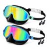 Kids Swimming Goggles with Nose Cover, 2-Pack Large Frame Anti-Fog Waterproof Swim Goggles for Boys and Girls, UV Protection Clear Vision Pool Goggles with Silicone Seal, Macaron Green & Blue