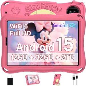 Kids Tablet, Android 15 Tablets for Kids with Octa-Core, 9 inch Toddler Tablet with 12GB 32GB 2TB Expand, 1340*800 IPS Display, Drop-proof EVA Case, Parental Control, Dual Camera, WiFi 6 - Pink