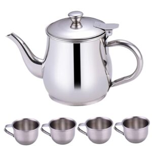 Kids Tea Set Includes Portable 330ml Stainless Steel Long Spout Teapot with Filter Screen and 4 70ml Cups for Children Camping Home Kids Tea Set, Small Teapot, Stainless Steel