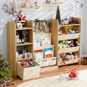 Kids Toy Book Storage Organizer with 7 Removable Bins, 51 inch, Burlywood