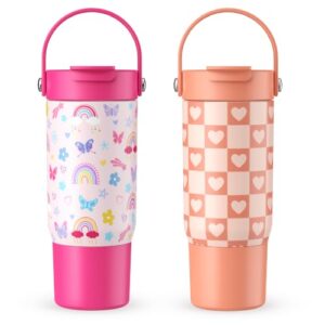 Kids Water Bottle with 2-in-1 Straw and Spout Lid, 20 oz Insulated Stainless Steel Kids Tumbler with Straw, Leak-Proof BPA-Free Water Bottle for School, Ages 3+ (2, Butterfly + Checkered Pattern)