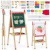 Kids Wooden Art Easel - Foldable & Double-Sided (Whiteboard + Chalkboard) with Paper Roll Dinosaur Design, Height-Adjustable for Toddlers, Boys & Girls Includes Painting Supplies Tray(Strawberry)
