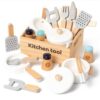 Kienvy 10 PCS Wooden Play Kitchen Toys Utensils Accessories, Pretend Play Pots and Pans Sets, Montessori Cooking Learning Toy for Boys & Girls Ages 3+, Christmas Birthday Present for Toddlers & Kids