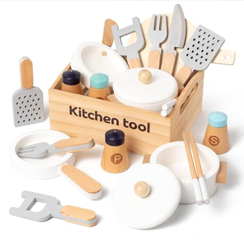 Kienvy 10 PCS Wooden Play Kitchen Toys Utensils Accessories, Pretend Play Pots and Pans Sets, Montessori Cooking Learning Toy for Boys & Girls Ages 3+, Christmas Birthday Present for Toddlers & Kids