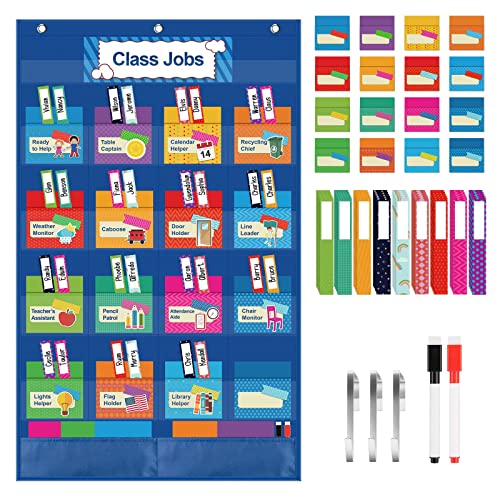 KIKIGOAL Class Jobs Pocket Chart Bulletin Board for School Classroom,Teacher's Helper Classroom Management Educational Pocket Chart (Blue)
