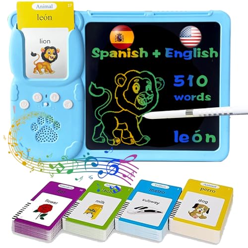 KILOGOGRAPH Talking English & Spanish Flash Cards - 8" LCD Writing Tablet for Kids 3-12, Bilingual 510 Sight Words, Toddler Pocket Speech, Drawing Sketch Pad, Autism Toys for Boys (Spanish, Blue)