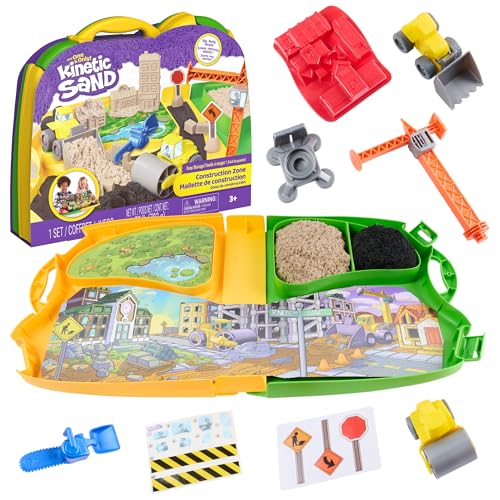 Kinetic Sand, Construction Zone Playset with Over 1lb of Moldable Play Sand and 2 Toy Trucks, Crane, Storage Case and Tools, Sandbox Construction Toys and Sensory Toys for Kids Ages 3 and up