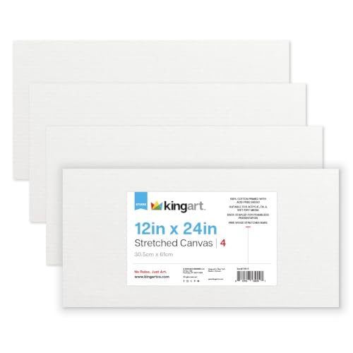 KINGART Stretched White Canvas Set – Panoramic, 12x24 Inch, 4-Pack – 100% Cotton, Triple Gesso Primed – 5/8" Profile Back-Stapled Artist Boards for Acrylic, Oil, Pouring, & Mixed Media Painting
