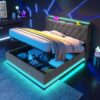 King Size Gray Linen Upholstered Hydraulic Lift Up Storage Bed Frame, 360° LED Tufted Bed with USB Type-C Charging Station Remote APP Control, Soft Fabric Bed No Mattress Included