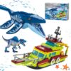 kiothdre 3 in 1 Ocean Explorer Dinosaur Building Set Compatible with Dinosaur Park World, City Boat Ship & Mosasaurus Spinosaurus Dino Toys with Poseable Joints, Toys for Kids Boys Age 6-12