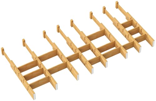 kiplant Bamboo Drawer Dividers - Adjustable Drawer Dividers for Kitchen, Clothes, Closet & Office - 8 Pack with Inserts, 13.8-18.8 Inches, Non-Slip Silicone Ends