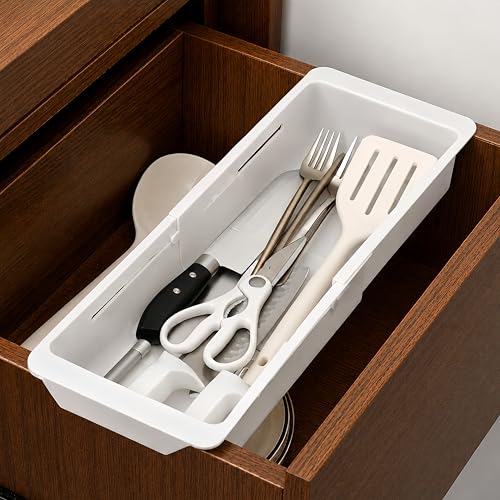 Kirosy 3-Pack Expandable Drawer Organizer for Deep Drawers, Adjustable 17–27 in Storage Tray, Durable PP Smooth Glide Divider for Kitchen, Vanity & Office, Space-Saving Design