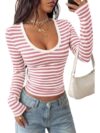 KIRUNDO Stripe Fall Long Sleeve Shirts for Women V Neck (Pink,X-Large)