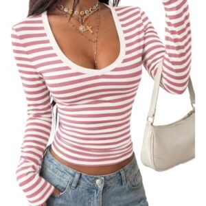 KIRUNDO Stripe Fall Long Sleeve Shirts for Women V Neck (Pink,X-Large)