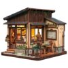 Kissa Coffee Miniature House Kit, DIY Wooden Japanese Café with Warm LED Light, 262 Pcs 3D Puzzle Building Set with Paper Animals, Cozy Kissaten Bookshelf Decor for Adults