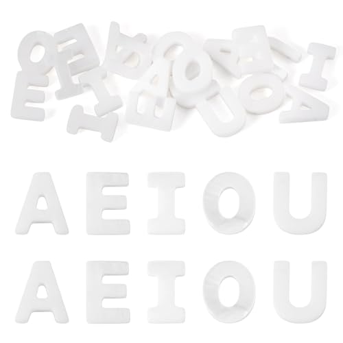 Kissitty 20Pcs Natural Freshwater Shell Beads Top Drilled Alphabet Beads White A E I O E Vowel Letter Bead Character Loose Spacer Bead for Jewelry Making DIY Necklace Earring Craft Bracelet